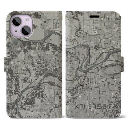 【カンザスシティ（アメリカ）】地図柄iPhoneケース（手帳タイプ）モノトーン・iPhone 14 用