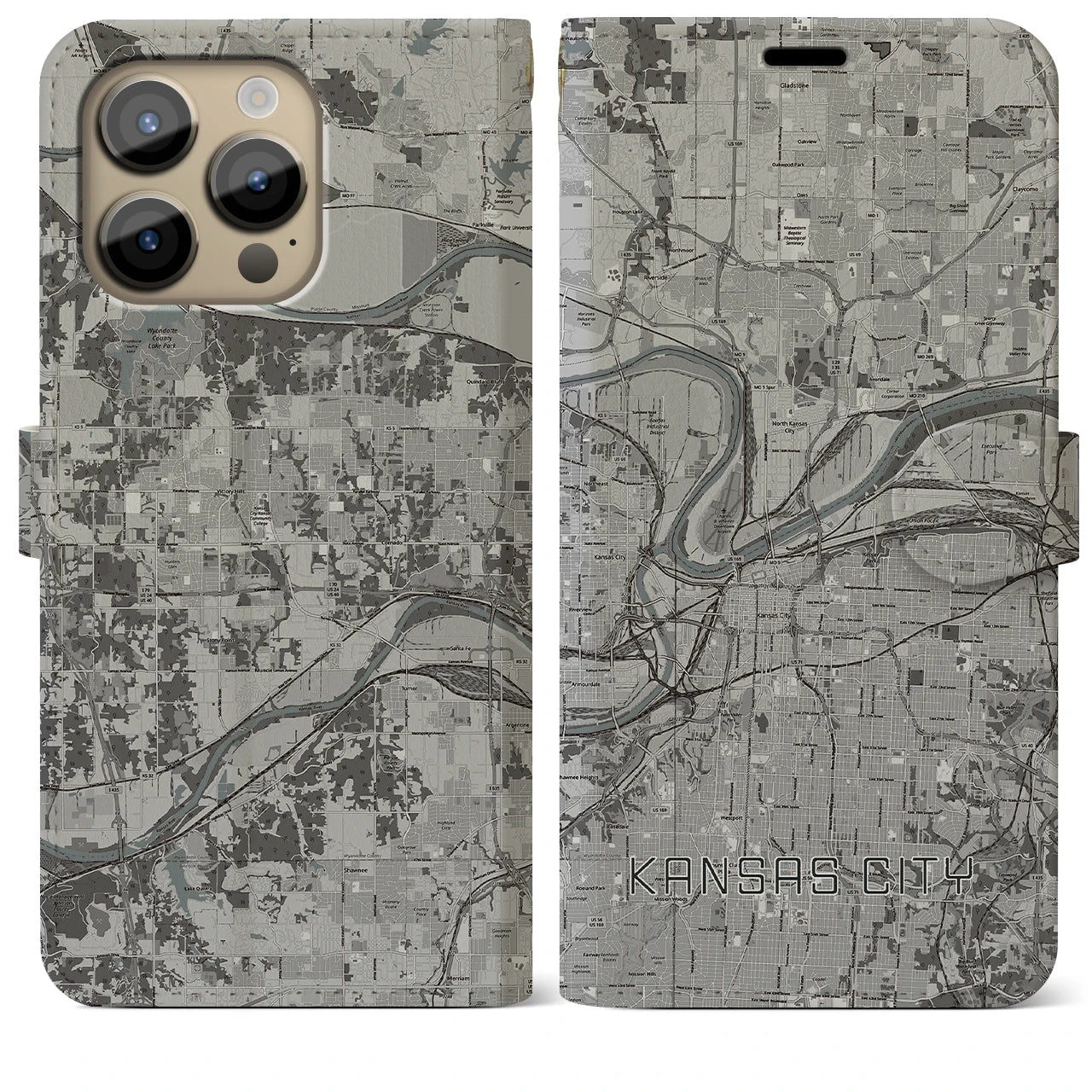 【カンザスシティ】地図柄iPhoneケース（手帳両面タイプ・モノトーン）iPhone 14 Pro Max 用