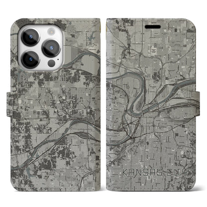 【カンザスシティ（アメリカ）】地図柄iPhoneケース（手帳タイプ）モノトーン・iPhone 14 Pro 用