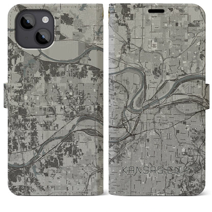 【カンザスシティ（アメリカ）】地図柄iPhoneケース（手帳タイプ）モノトーン・iPhone 14 Plus 用