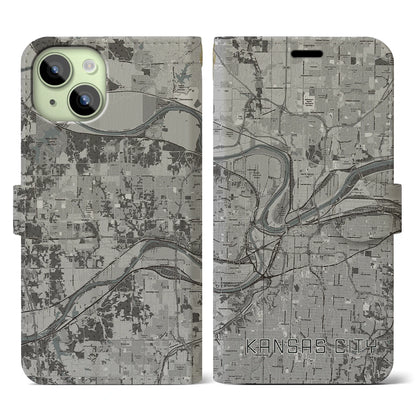 【カンザスシティ（アメリカ）】地図柄iPhoneケース（手帳タイプ）モノトーン・iPhone 15 用