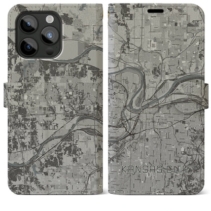 【カンザスシティ（アメリカ）】地図柄iPhoneケース（手帳タイプ）モノトーン・iPhone 15 Pro Max 用