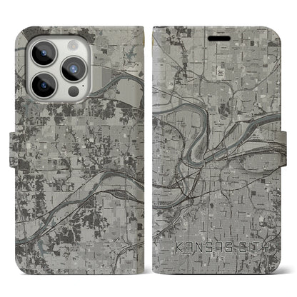 【カンザスシティ（アメリカ）】地図柄iPhoneケース（手帳タイプ）モノトーン・iPhone 15 Pro 用