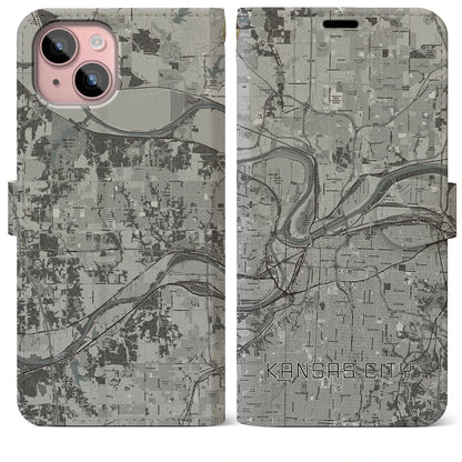 【カンザスシティ（アメリカ）】地図柄iPhoneケース（手帳タイプ）モノトーン・iPhone 15 Plus 用