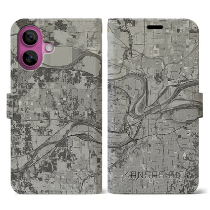 【カンザスシティ（アメリカ）】地図柄iPhoneケース（手帳タイプ）モノトーン・iPhone 16 Pro 用