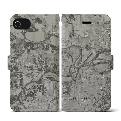 【カンザスシティ（アメリカ）】地図柄iPhoneケース（手帳タイプ）モノトーン・iPhone SE（第3 / 第2世代） / 8 / 7 / 6s / 6 用