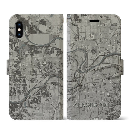 【カンザスシティ（アメリカ）】地図柄iPhoneケース（手帳タイプ）モノトーン・iPhone XS / X 用