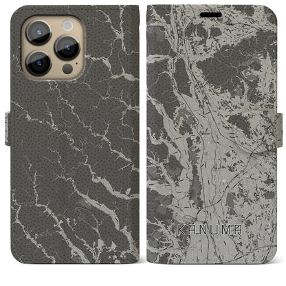 【鹿沼（栃木県）】地図柄iPhoneケース（手帳タイプ）モノトーン・iPhone 14 Pro Max 用