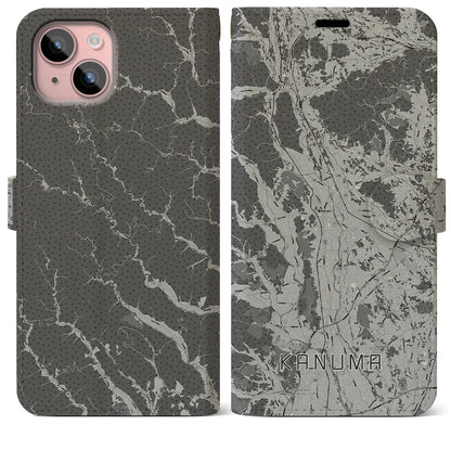 【鹿沼（栃木県）】地図柄iPhoneケース（手帳タイプ）モノトーン・iPhone 15 Plus 用