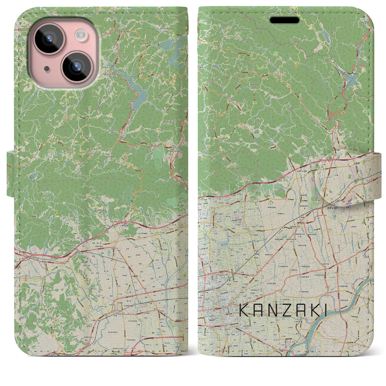 【神埼（佐賀県）】地図柄iPhoneケース（手帳タイプ）ナチュラル・iPhone 15 Plus 用