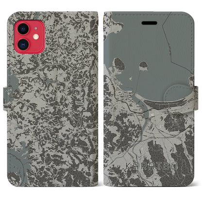 【唐津（佐賀県）】地図柄iPhoneケース（手帳タイプ）モノトーン・iPhone 11 用