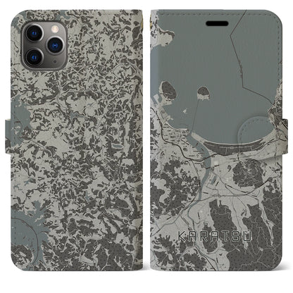 【唐津（佐賀県）】地図柄iPhoneケース（手帳タイプ）モノトーン・iPhone 11 Pro Max 用