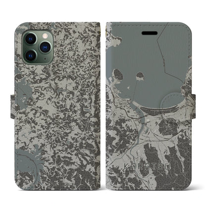 【唐津（佐賀県）】地図柄iPhoneケース（手帳タイプ）モノトーン・iPhone 11 Pro 用