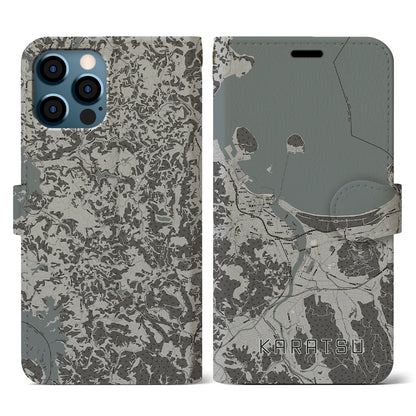 【唐津（佐賀県）】地図柄iPhoneケース（手帳タイプ）モノトーン・iPhone 12 / 12 Pro 用