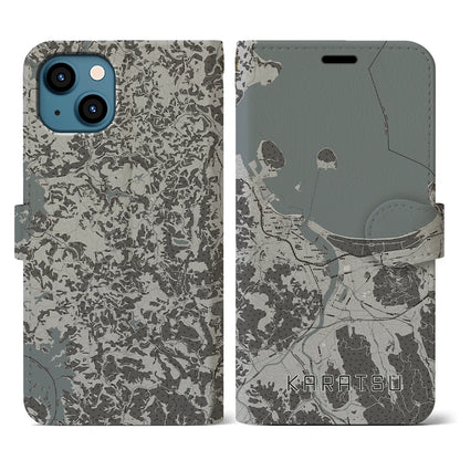 【唐津（佐賀県）】地図柄iPhoneケース（手帳タイプ）モノトーン・iPhone 13 用