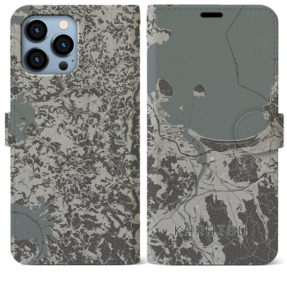 【唐津（佐賀県）】地図柄iPhoneケース（手帳タイプ）モノトーン・iPhone 13 Pro Max 用