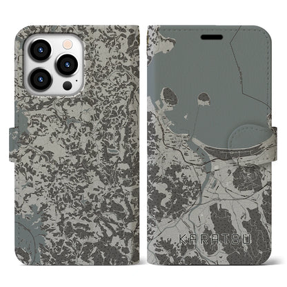 【唐津（佐賀県）】地図柄iPhoneケース（手帳タイプ）モノトーン・iPhone 13 Pro 用