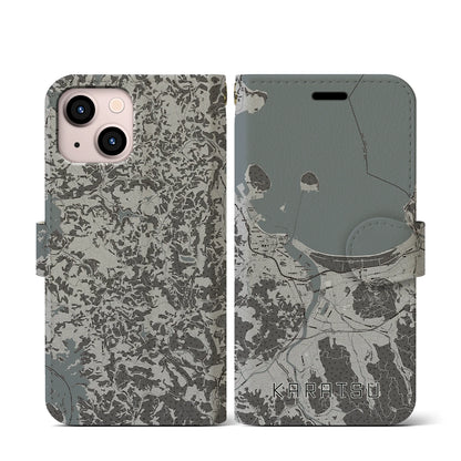 【唐津（佐賀県）】地図柄iPhoneケース（手帳タイプ）モノトーン・iPhone 13 mini 用