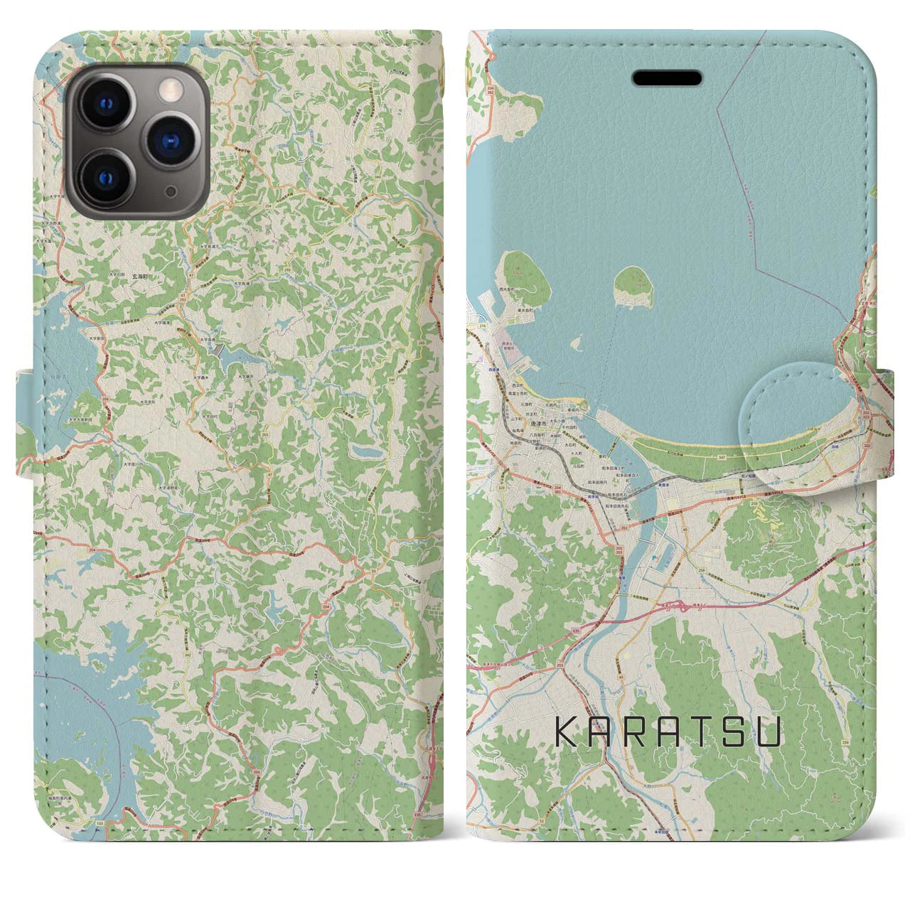 【唐津（佐賀県）】地図柄iPhoneケース（手帳タイプ）ナチュラル・iPhone 11 Pro Max 用