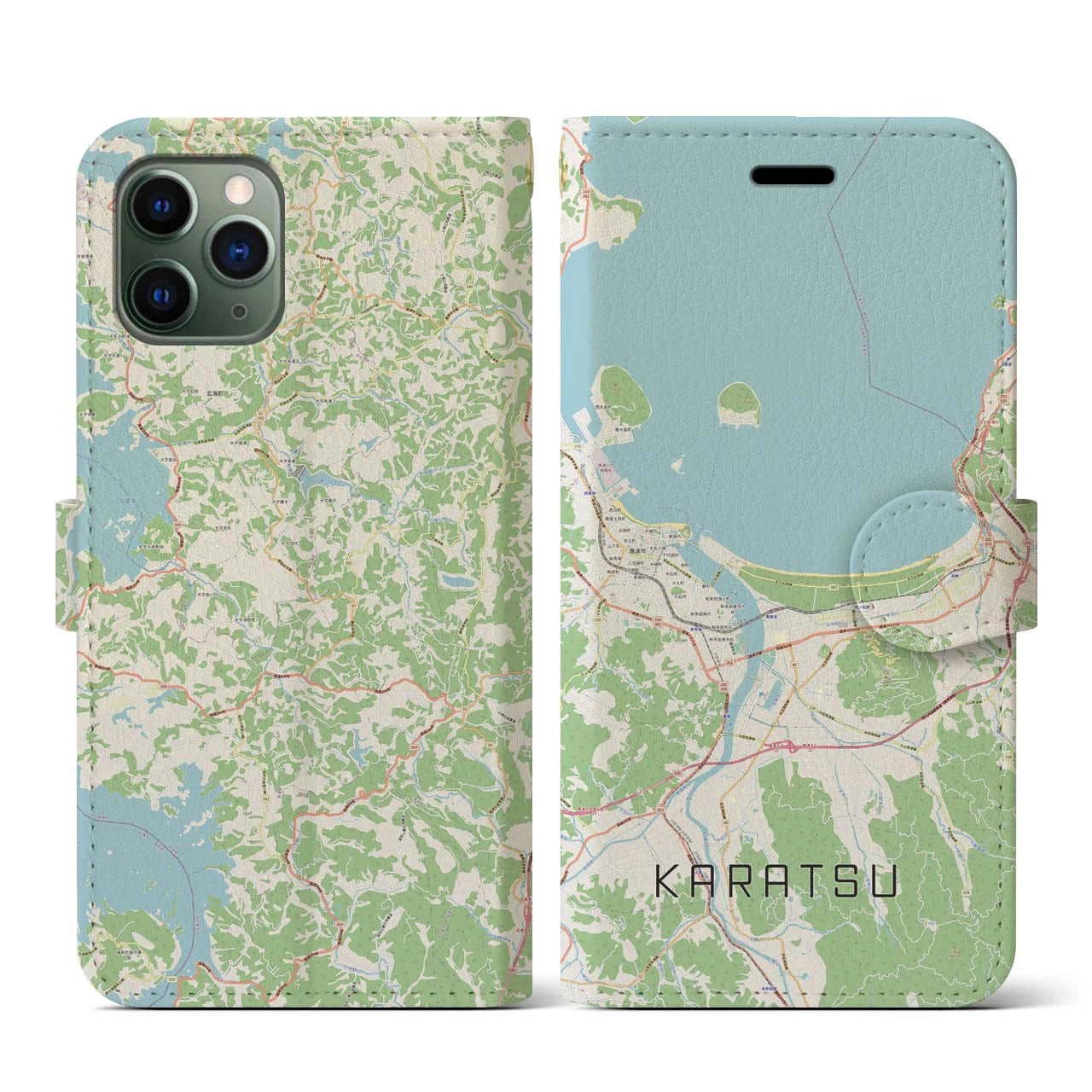 【唐津（佐賀県）】地図柄iPhoneケース（手帳タイプ）ナチュラル・iPhone 11 Pro 用