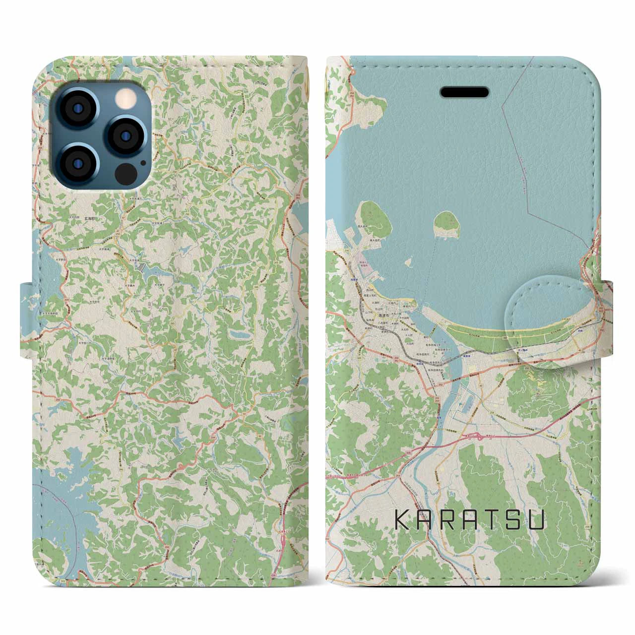 【唐津（佐賀県）】地図柄iPhoneケース（手帳タイプ）ナチュラル・iPhone 12 / 12 Pro 用