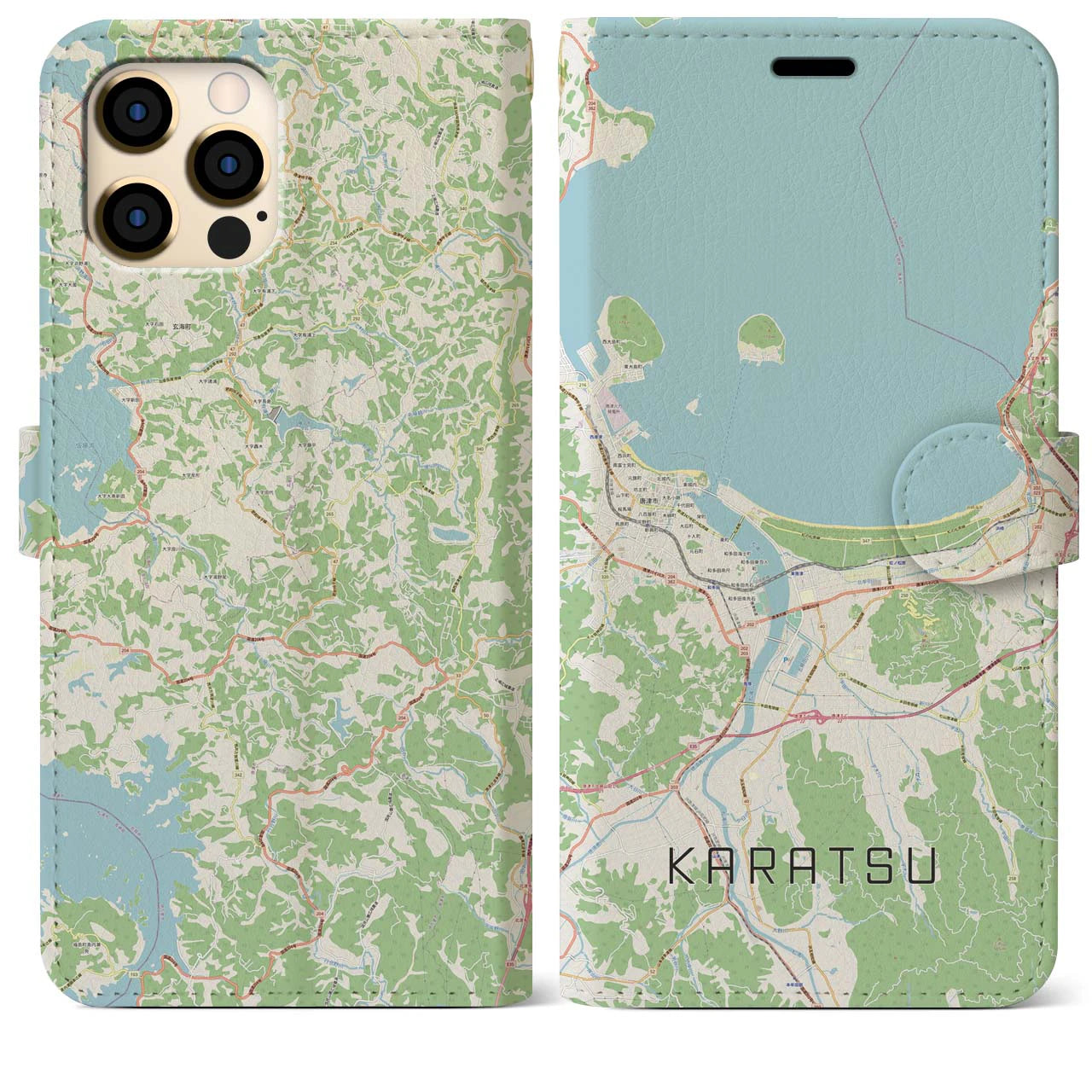 【唐津（佐賀県）】地図柄iPhoneケース（手帳タイプ）ナチュラル・iPhone 12 Pro Max 用