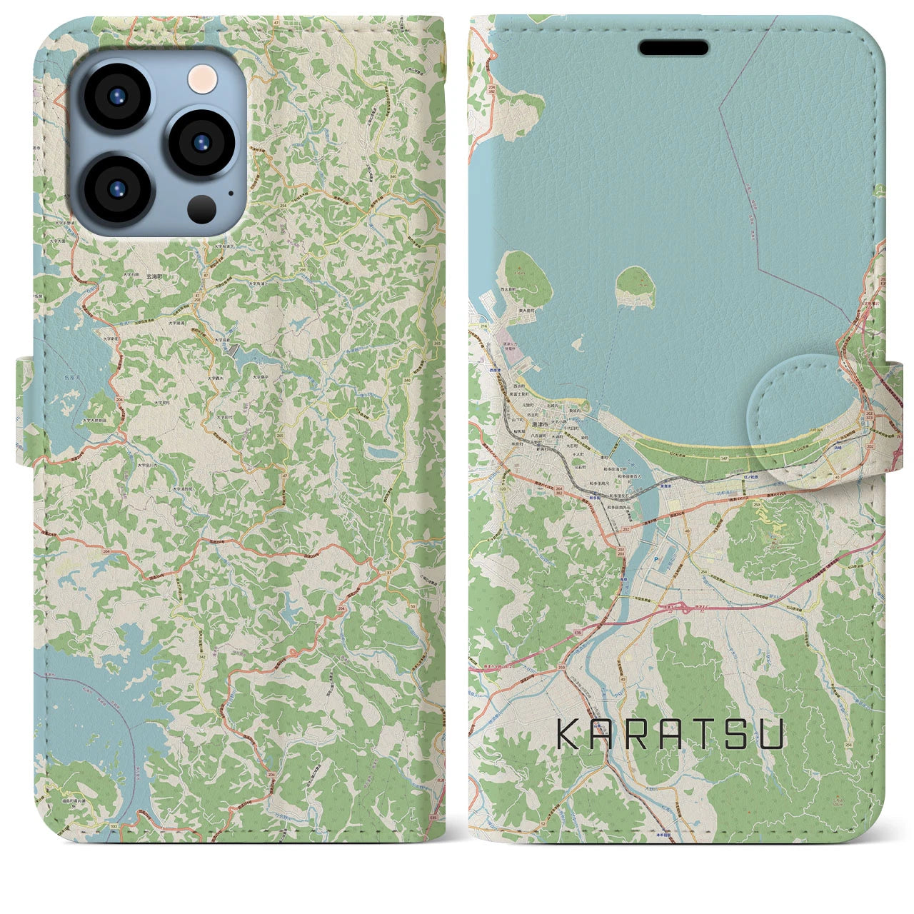 【唐津（佐賀県）】地図柄iPhoneケース（手帳タイプ）ナチュラル・iPhone 13 Pro Max 用