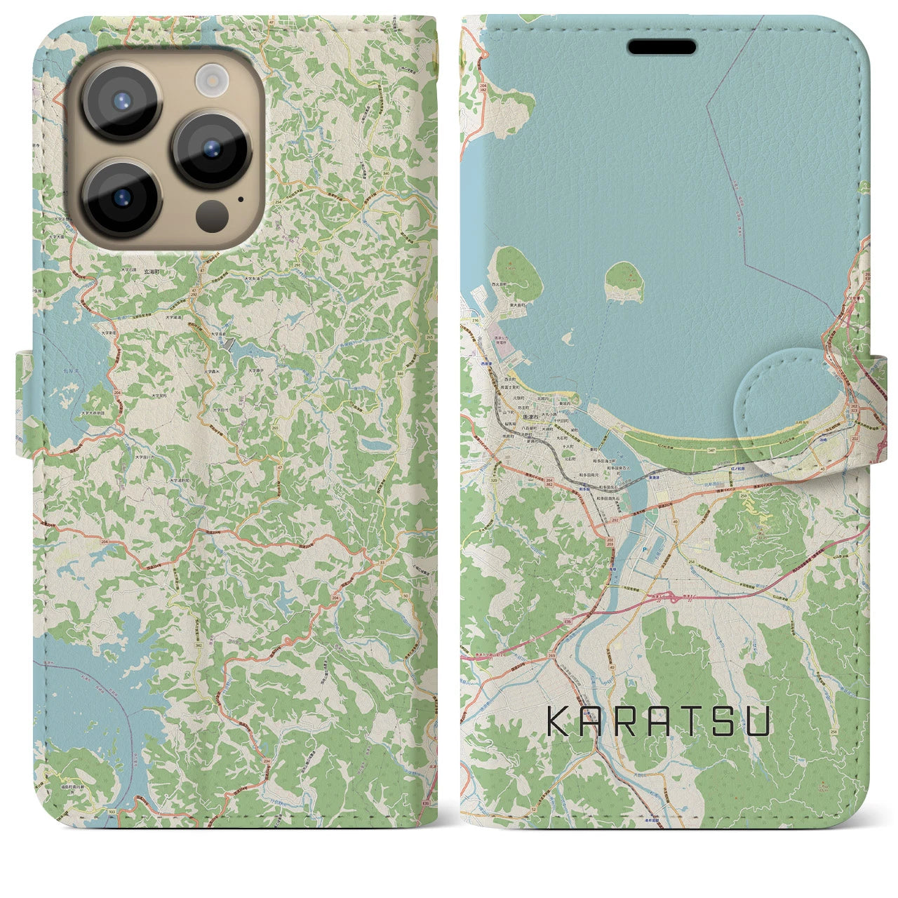 【唐津（佐賀県）】地図柄iPhoneケース（手帳タイプ）ナチュラル・iPhone 14 Pro Max 用