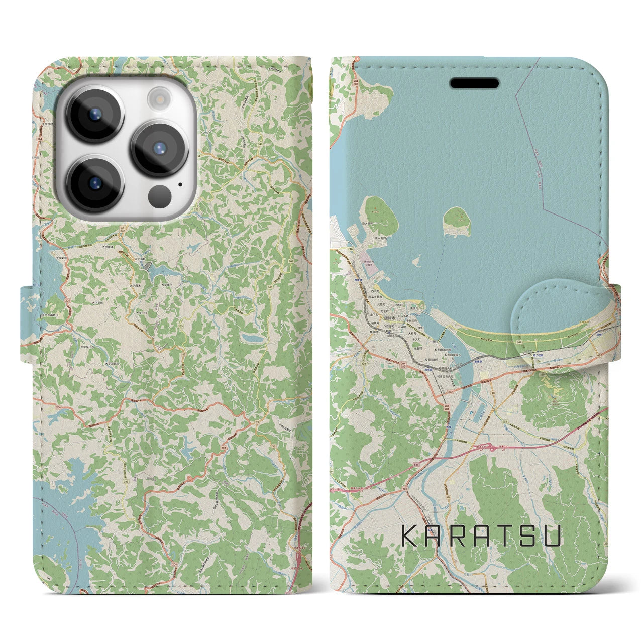 【唐津（佐賀県）】地図柄iPhoneケース（手帳タイプ）ナチュラル・iPhone 14 Pro 用