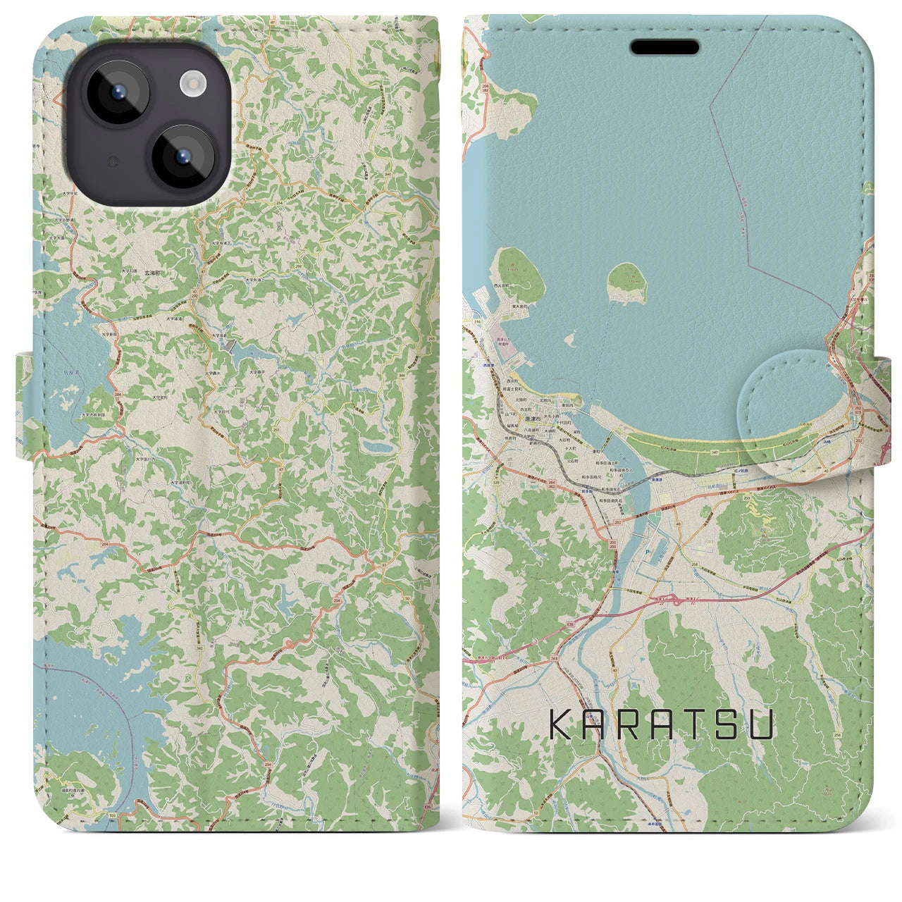 【唐津（佐賀県）】地図柄iPhoneケース（手帳タイプ）ナチュラル・iPhone 14 Plus 用