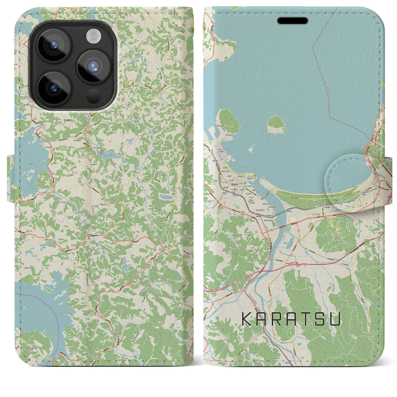 【唐津（佐賀県）】地図柄iPhoneケース（手帳タイプ）ナチュラル・iPhone 15 Pro Max 用