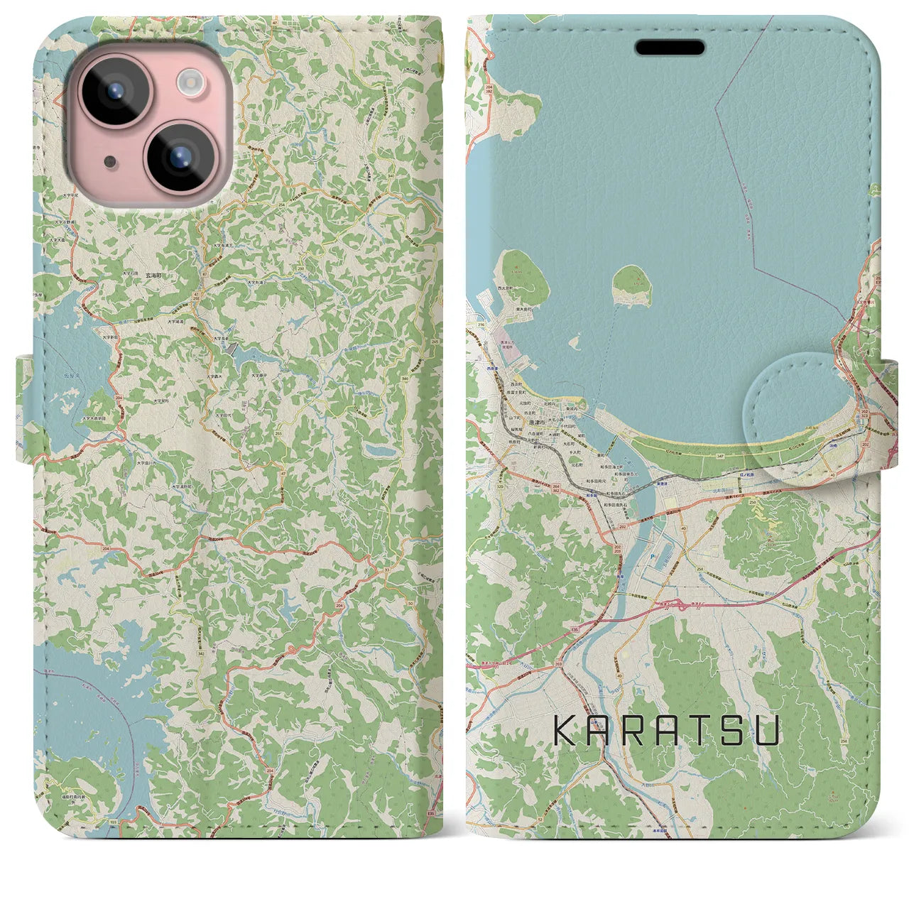 【唐津（佐賀県）】地図柄iPhoneケース（手帳タイプ）ナチュラル・iPhone 15 Plus 用