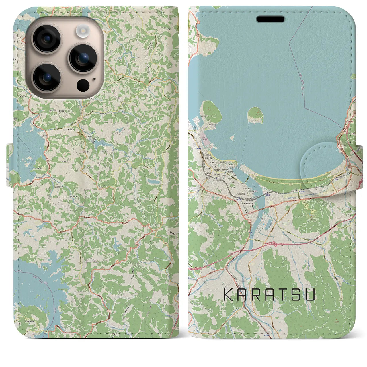 【唐津（佐賀県）】地図柄iPhoneケース（手帳タイプ）ナチュラル・iPhone 16 Plus 用