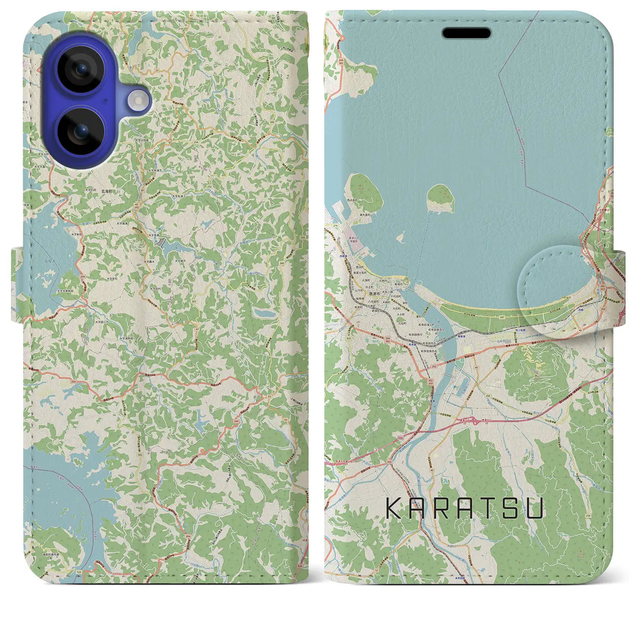 【唐津（佐賀県）】地図柄iPhoneケース（手帳タイプ）ナチュラル・iPhone 16 Pro Max 用