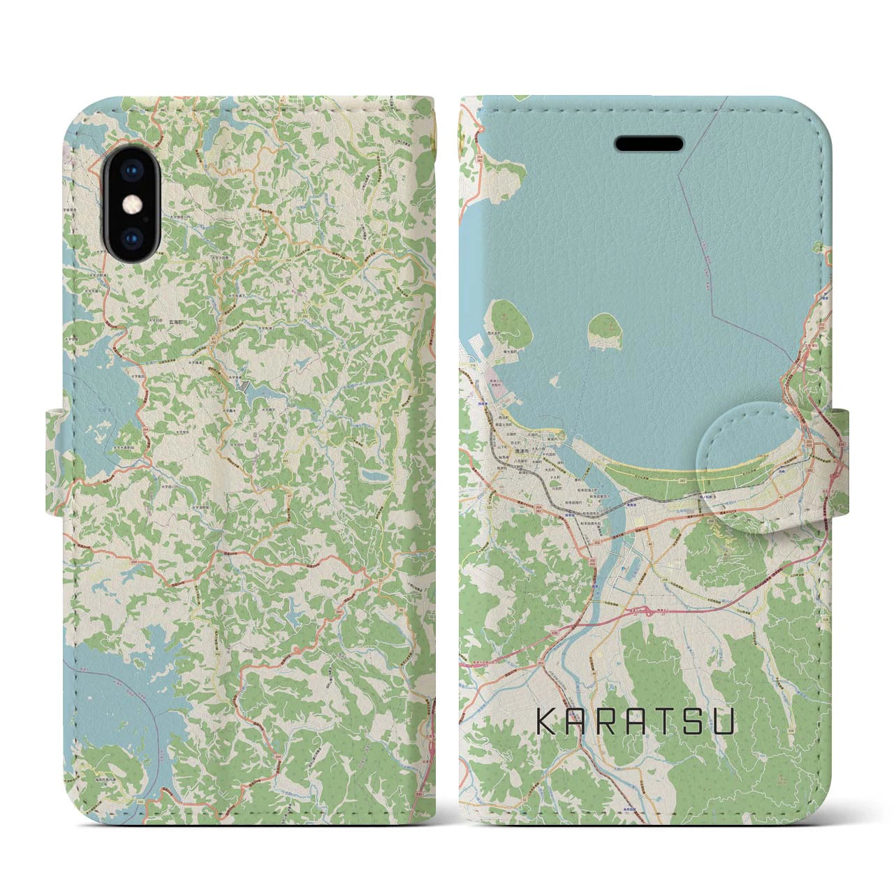 【唐津（佐賀県）】地図柄iPhoneケース（手帳タイプ）ナチュラル・iPhone XS / X 用