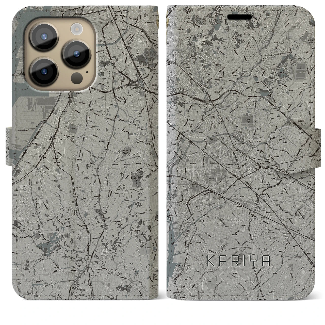 【刈谷】地図柄iPhoneケース（手帳両面タイプ・モノトーン）iPhone 14 Pro Max 用