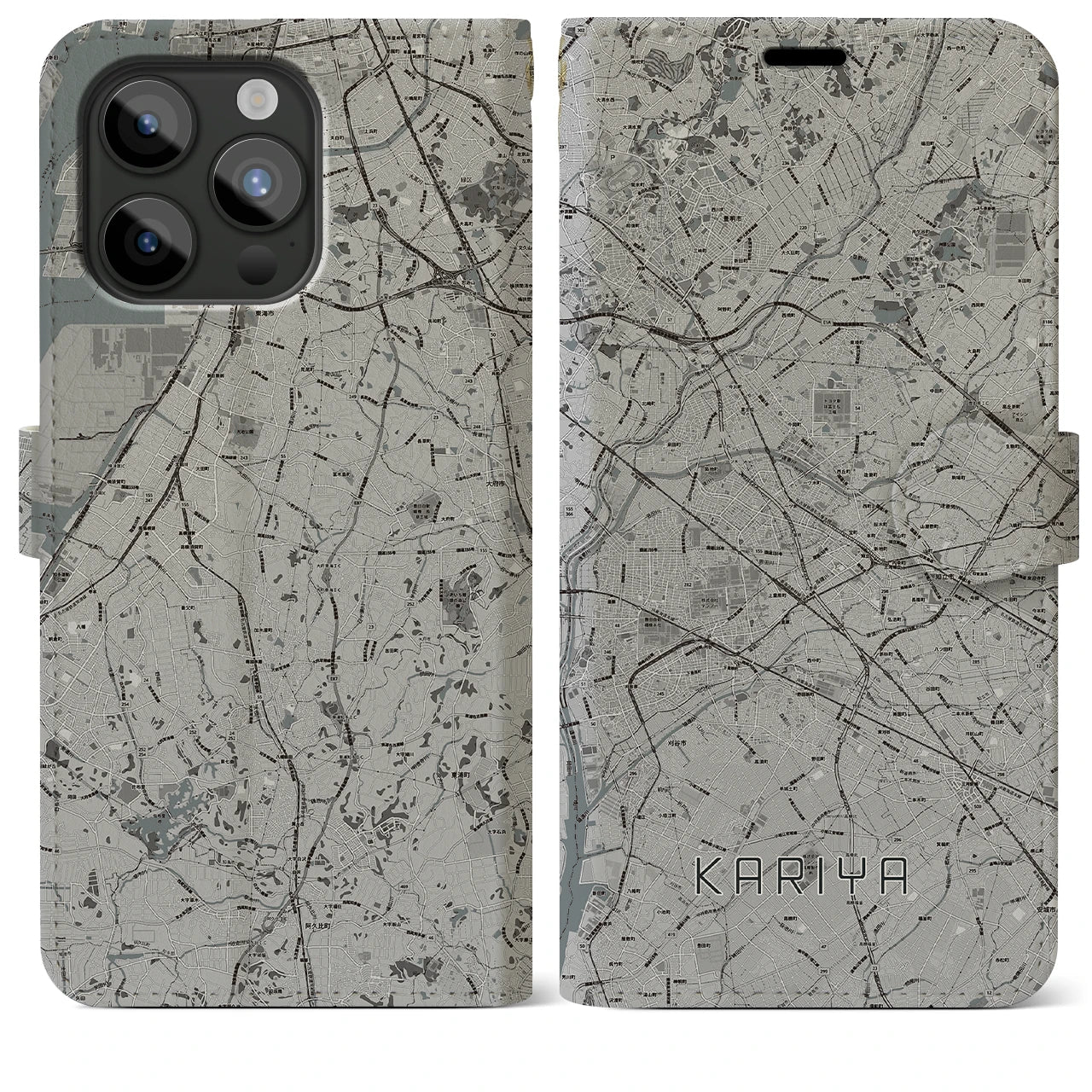 【刈谷】地図柄iPhoneケース（手帳両面タイプ・モノトーン）iPhone 15 Pro Max 用