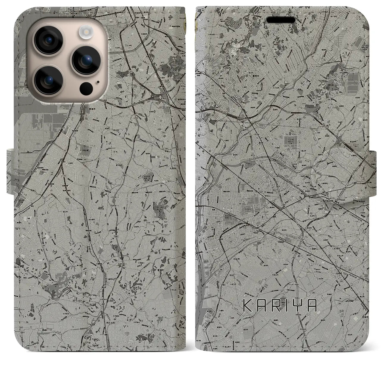 【刈谷（愛知県）】地図柄iPhoneケース（手帳タイプ）モノトーン・iPhone 16 Plus 用