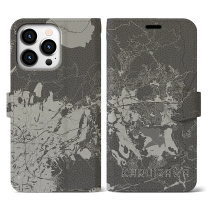 【軽井沢（長野県）】地図柄iPhoneケース（手帳タイプ）モノトーン・iPhone 13 Pro 用