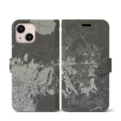 【軽井沢（長野県）】地図柄iPhoneケース（手帳タイプ）モノトーン・iPhone 13 mini 用