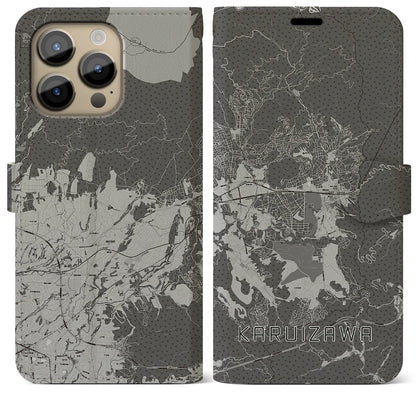 【軽井沢（長野県）】地図柄iPhoneケース（手帳タイプ）モノトーン・iPhone 14 Pro Max 用