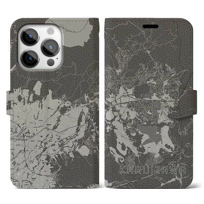【軽井沢（長野県）】地図柄iPhoneケース（手帳タイプ）モノトーン・iPhone 14 Pro 用