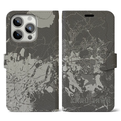 【軽井沢（長野県）】地図柄iPhoneケース（手帳タイプ）モノトーン・iPhone 15 Pro 用