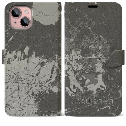 【軽井沢（長野県）】地図柄iPhoneケース（手帳タイプ）モノトーン・iPhone 15 Plus 用