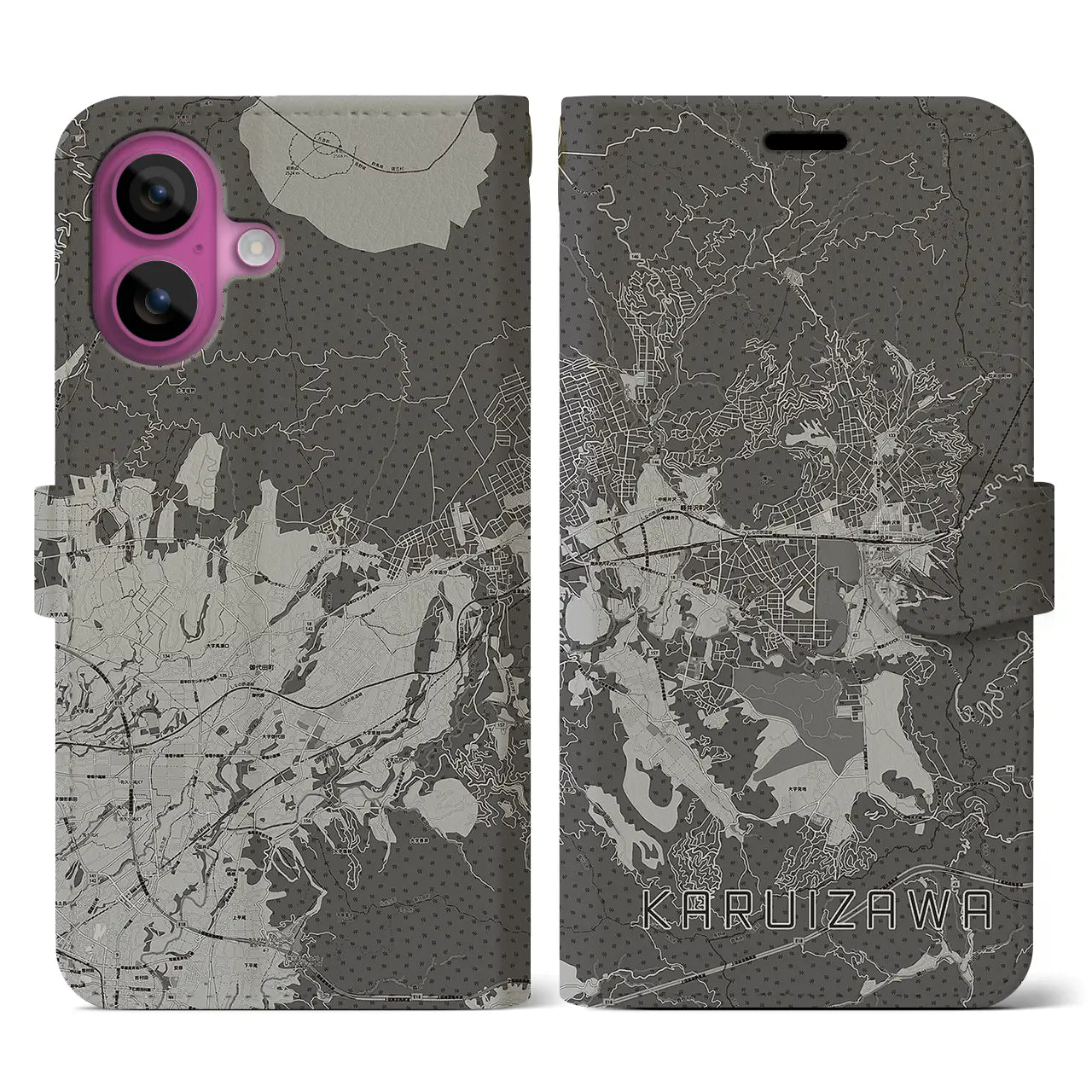 【軽井沢（長野県）】地図柄iPhoneケース（手帳タイプ）モノトーン・iPhone 16 Pro 用