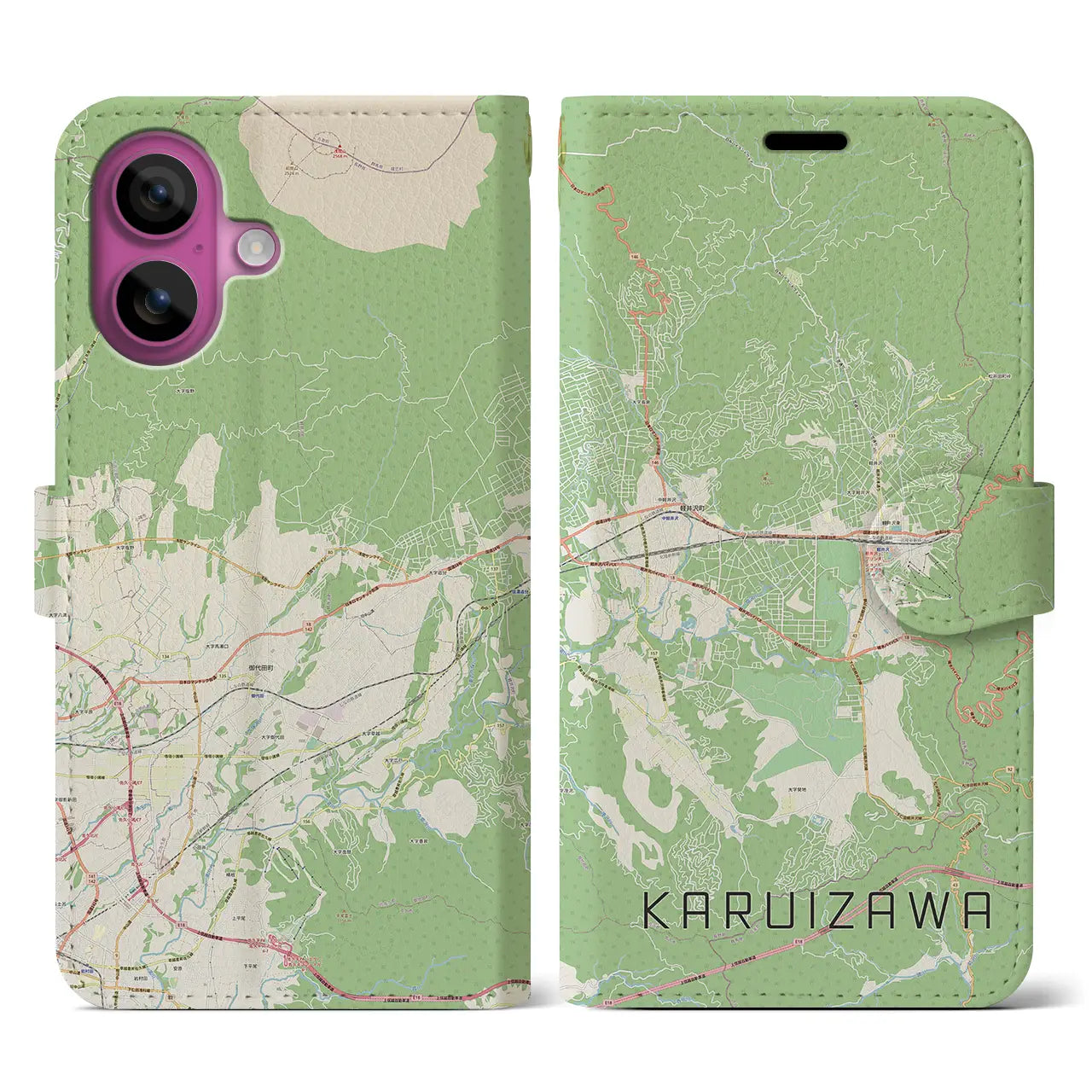 【軽井沢（長野県）】地図柄iPhoneケース（手帳タイプ）ナチュラル・iPhone 16 Pro 用