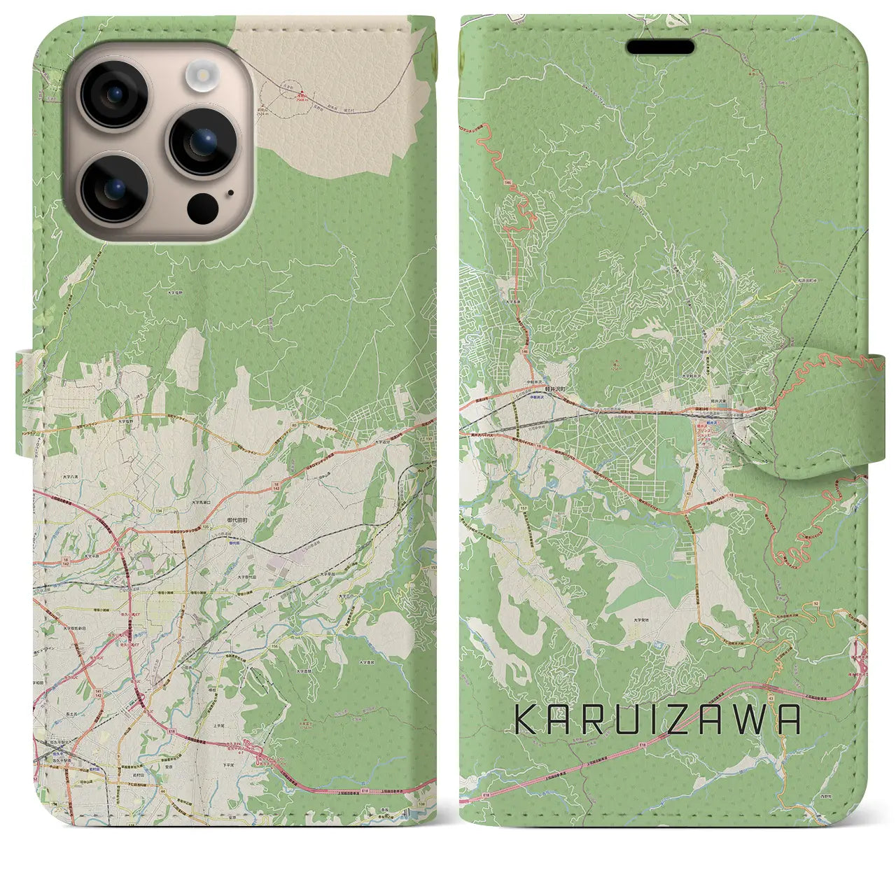 【軽井沢（長野県）】地図柄iPhoneケース（手帳タイプ）ナチュラル・iPhone 16 Plus 用