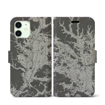 【加西（兵庫県）】地図柄iPhoneケース（手帳タイプ）モノトーン・iPhone 12 mini 用