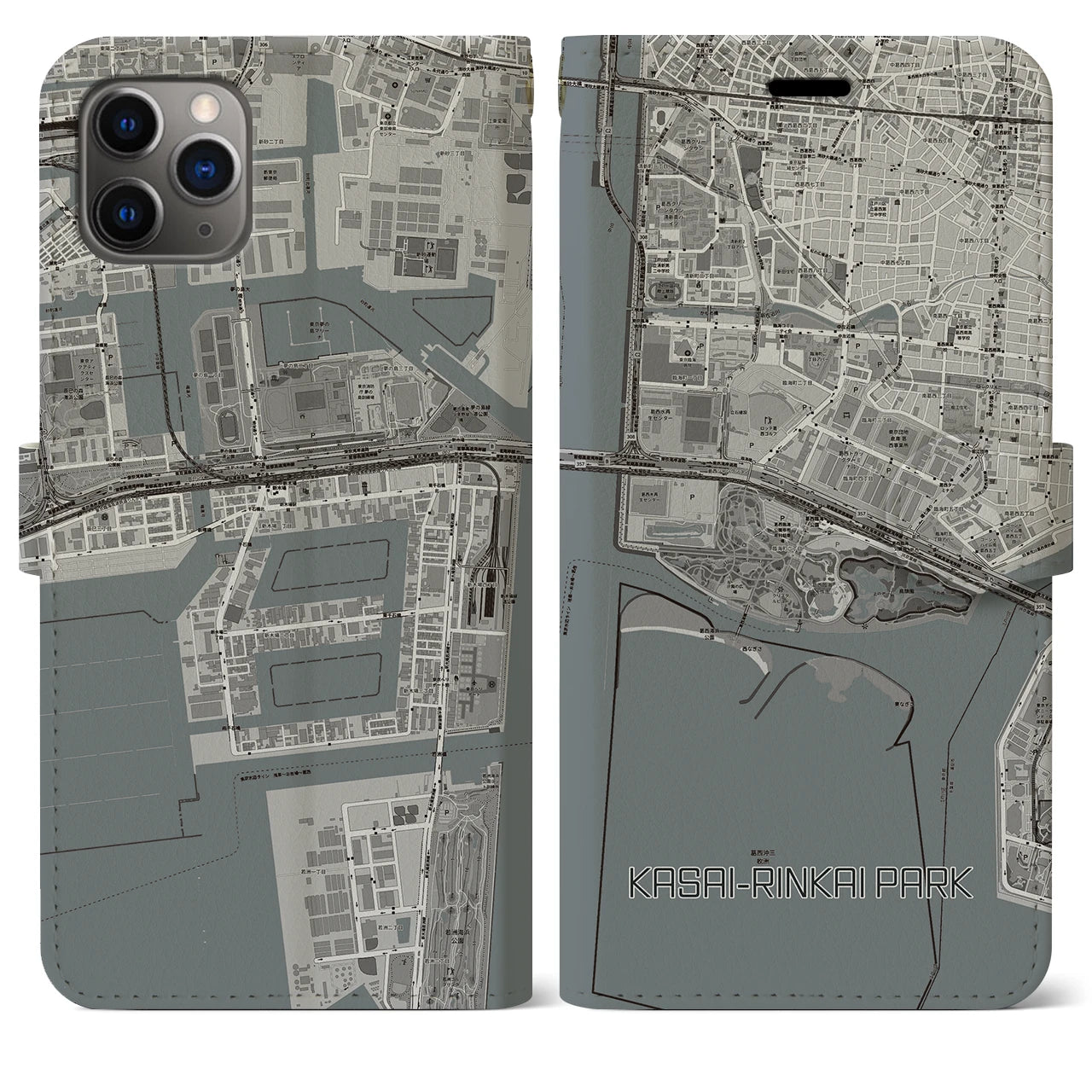 【葛西臨海公園】地図柄iPhoneケース（手帳両面タイプ・モノトーン）iPhone 11 Pro Max 用