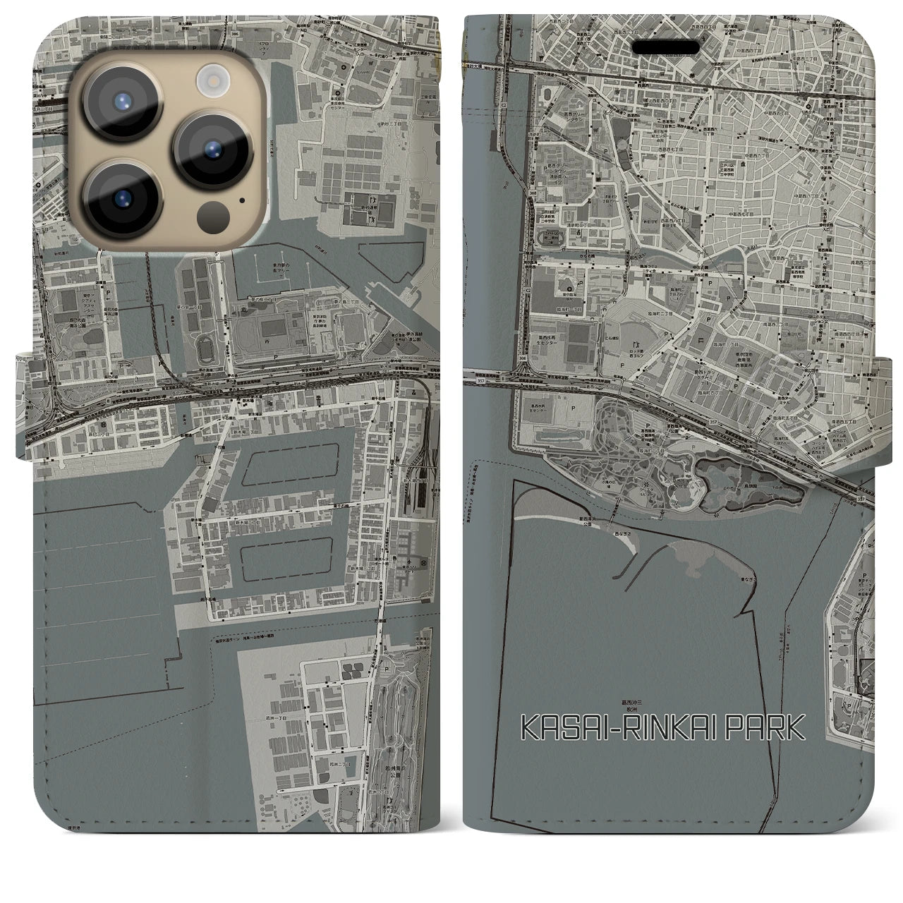 【葛西臨海公園】地図柄iPhoneケース（手帳両面タイプ・モノトーン）iPhone 14 Pro Max 用